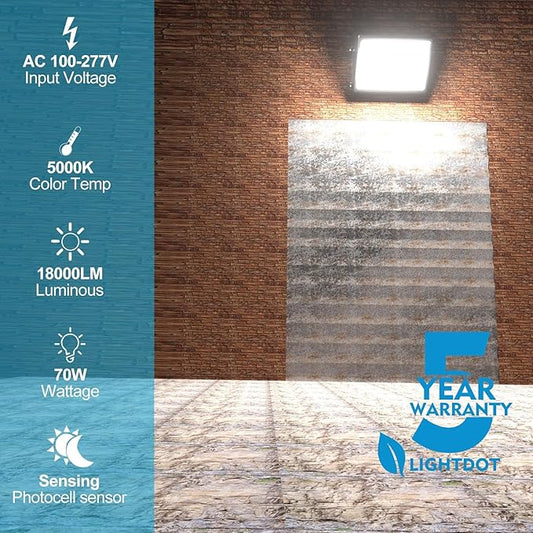Lightdot 6Pack 70W LED Wall Pack Lights, 100-277v Dusk to Dawn Photocell |10500Lm (150Lm/W) 5000K IP65 Outdoor Flood Lighting for Yard,Warehouse,Factory,Building,Garage, ETL(Height:10~15ft)