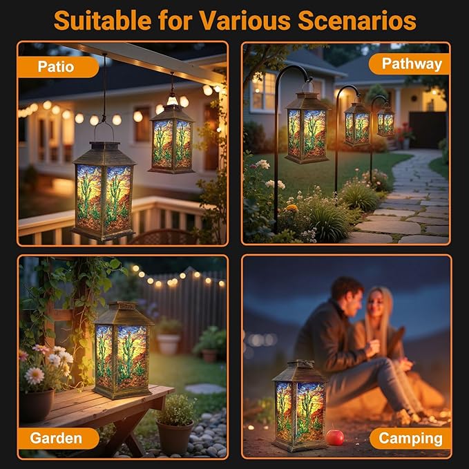 Solar Lantern Outdoor Waterproof Art Storm Clouds Prickly Pear Flowers Garden Decor LED Solar Lights Hanging/Tabletop Lamp Gifts for Women Mom for Outside Yard Patio