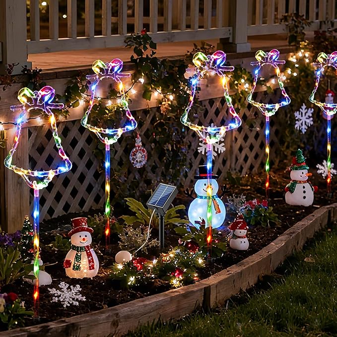 6 Packs Christmas Bell Solar Garden Lights with 8 Light Modes, 21.65 Inches Tall Christmas Outdoor Light with 20 LEDs Each, Solar Outdoor Xmas Decor for Garden, Path, Patio (Multiple-Colored)