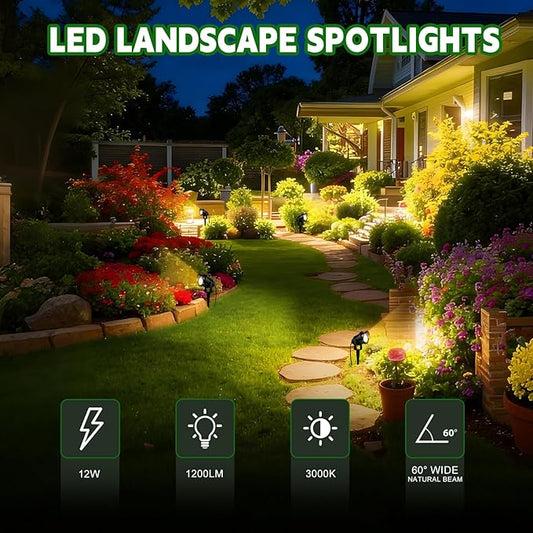 Romwish Outdoor Spotlight 3000K Warm White,12W LED Spot Lights Outdoor for Yard Garden Tree, 120V Plug in Landscape Lighting with IP65 Waterproof for Lawn Decorative, 12 Pack