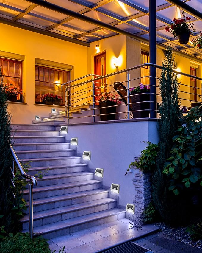Treela 24 Packs Outdoor Fence Lights Solar Powered Deck Lights Waterproof Backyard Lighting Stainless Steel Lamp Stairs Fence Light Security Wall Lamps for Step Walkway Patio Garden Pathway (White)