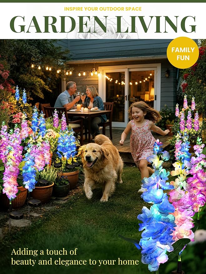 GIGALUMI Solar Lights Outdoor for Garden Decor, 3 Pack Solar Flower Lights Waterproof, 2 Lighting Modes Delphinium for Pathway,Yard, Patio Decoration, Gardening Gifts for Women (Multi-Colored)