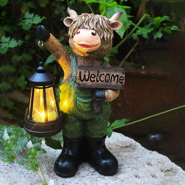 Solar Garden Decor Statues: Handmade Resin Statue with LED Light,Highland Cow Figurine Outdoor Garden Decor Unique | Lumora