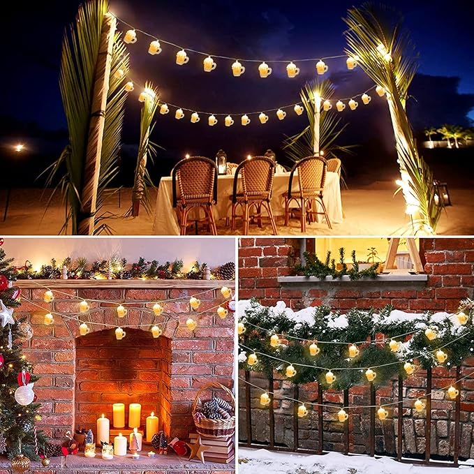 Beer Mug String Lights Celebration Decor Lights, 8.5Ft Outdoor Tropical Lights with 10 3D Beer Cup Lights, Creative String Lights for Summer Themed Bar Party Bedroom Wedding Graduation Club Decor