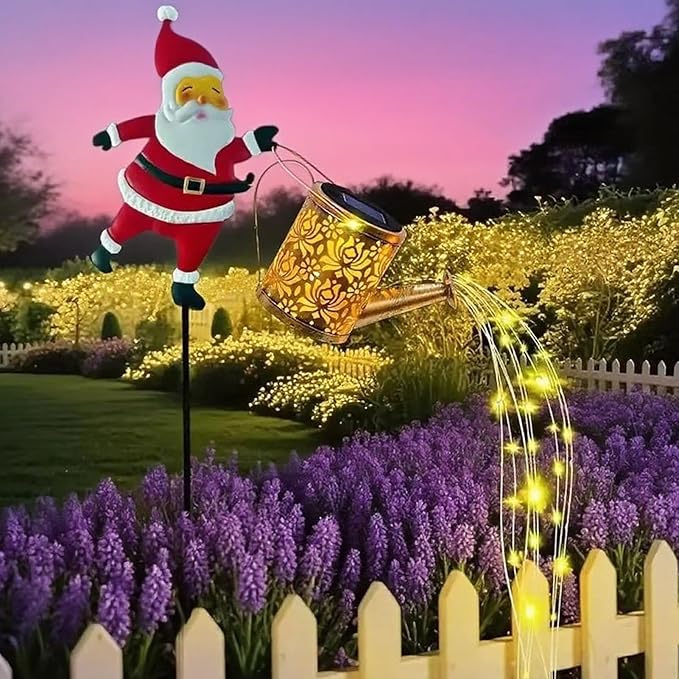 Christmas Santa Solar Kettle Light, IP65 Waterproof Santa Solar Garden Lights Outdoor, Cute Santas Solars Watering Can Cascading Light LED, Novelty Santas Solars Christmas Decorations Night Lights