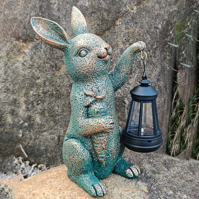 Solar Garden Statues -Rabbit Lantern Outdoor Handmade Resin Statue with LED Light, Cute Carrot Holder for Patio | Lumora