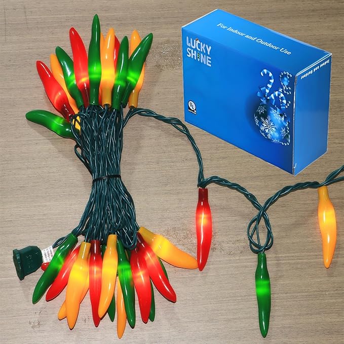 LUCKY SHINE 35 LED Red Green and Yellow Chili Pepper Lights, UL Listed Colored Decorative Lighting String 18 Ft, for Christmas, Thanksgiving, Easter, Kitchen, Patio, Living Room.