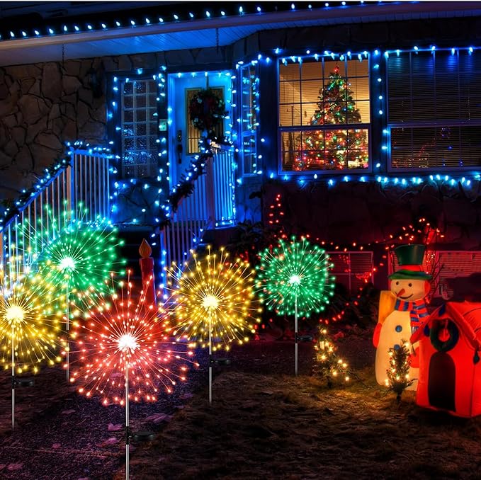6 Pcs Mardi Gras Solar Firework Lights Solar Lights Outdoor Garden 120 LED 8 Modes Waterproof LED Sparkler Outdoor for Carnival Patio Yard Pathway Walkway (Red,Yellow,Green)