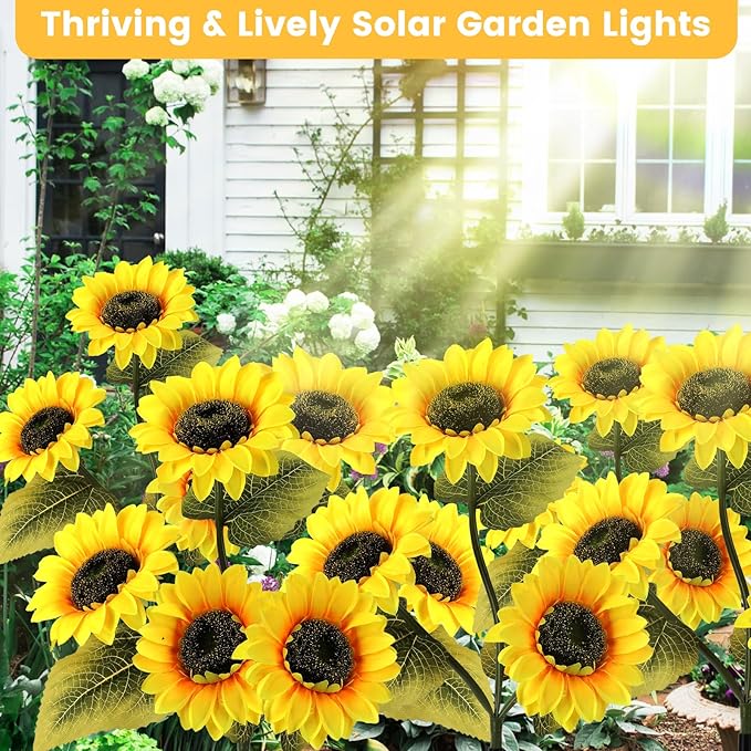 2 Pack Waterproof Solar Sunflower Garden Lights with 3 Stakes, Outdoor Decorative Lighting for Patio & Lawn | Lumora
