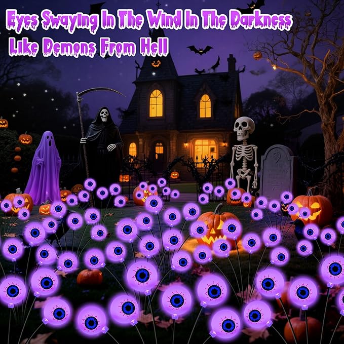 Kohlrabi Halloween Decorations Outdoor, 6 Pack 36 LED Solar Scary Eyeball Swaying Lights, Purple Solar Firefly Light Waterproof Outdoor Garden Lights for Halloween Yard Garden Lawn Party Flower Bed