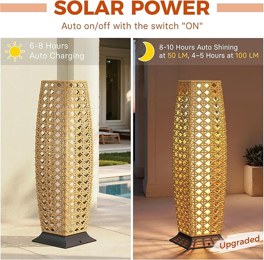 Grand patio 2-Piece Outdoor Floor Lamp Solar Lantern, Water-Resistant Wicker Boho Patio Light with 50/100 Lumens Dual Brightness & Memory Mode for Garden Porch Deck Decor, Large Diamond Natural