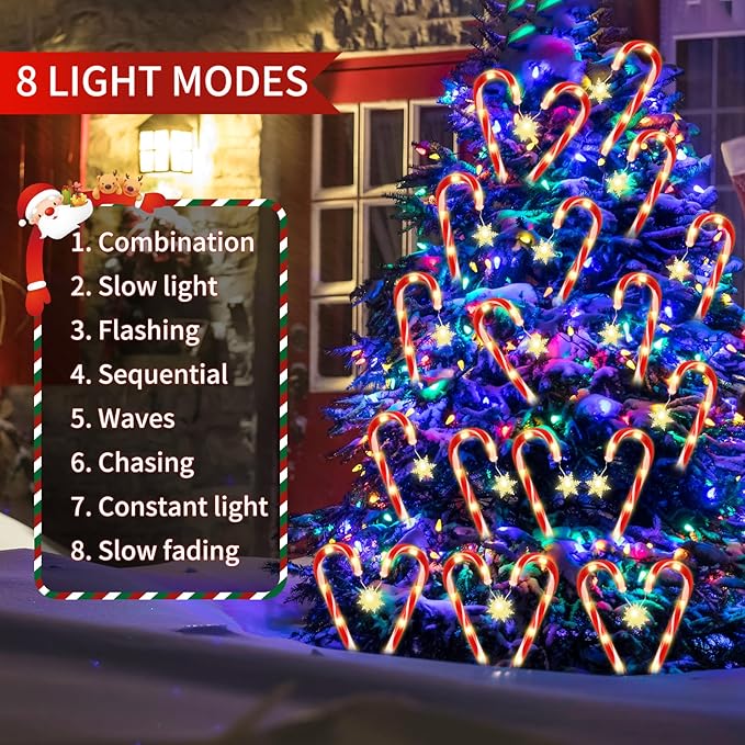 Solar Christmas Candy Cane Lights, Outdoor Waterproof Pathway Stake Lights with 8 Modes, Solar Lights for Outside Yard Walkway Garden Christmas Decorations