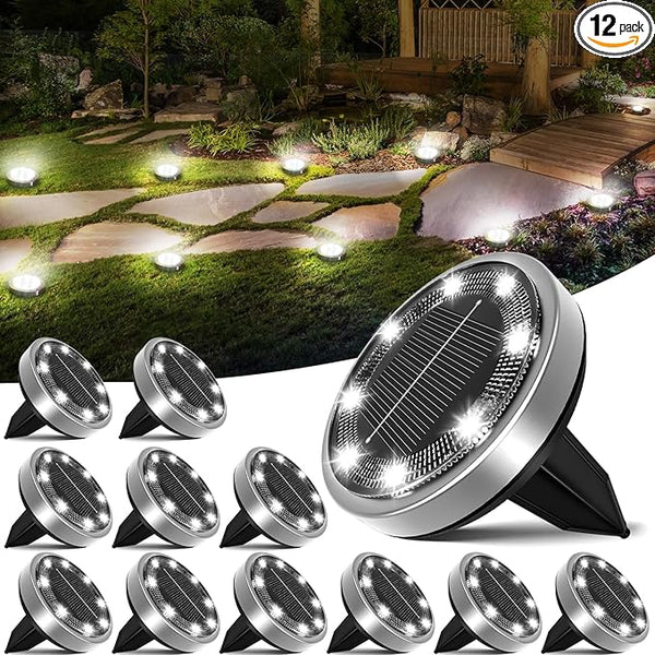 nipify 12 Pack Solar Ground Lights Outdoor, 8 LED Solar Disc Lights for Yard Garden Walkway Deck Patio Landscape | Lumora