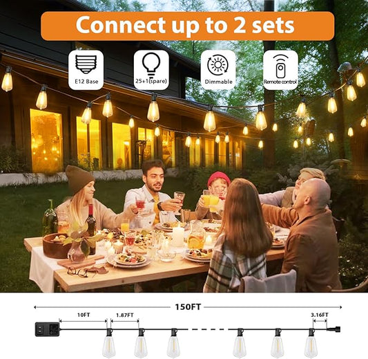 Brightever 150FT Outdoor Lights with Remote, 2700K/4000K/5000K Selectable LED String Lights for Outside with 75+2 ST38 Shatterproof Edison Bulbs, 3 Modes Dimmable Waterproof Hanging Lights for Patio