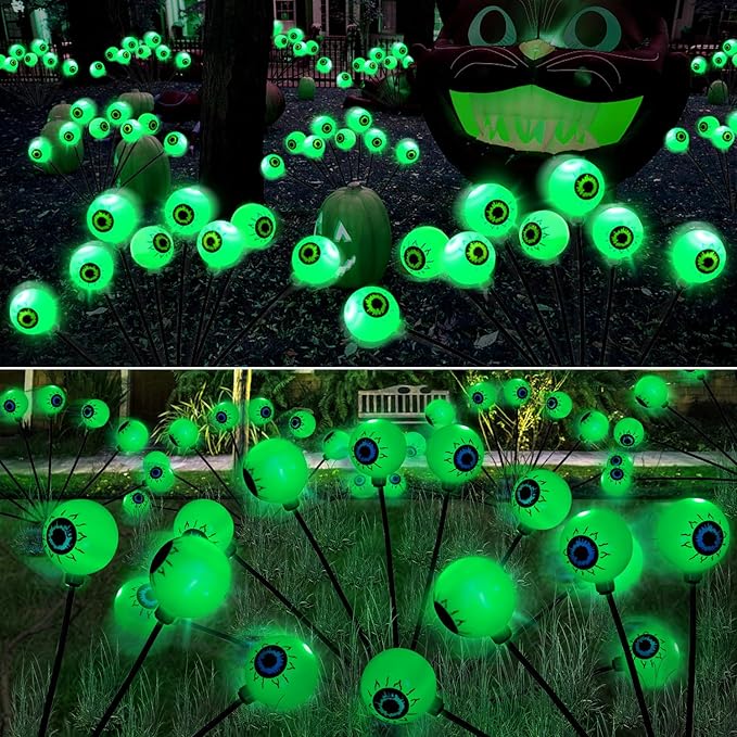 4 Pack Halloween Decorations Outdoor Lights - 32LED Solar Scary Eyeball Pathway Light Swaying by Wind, Waterproof Solar Halloween Stake Lights for Garden Porch Lawn Pathway (Green)