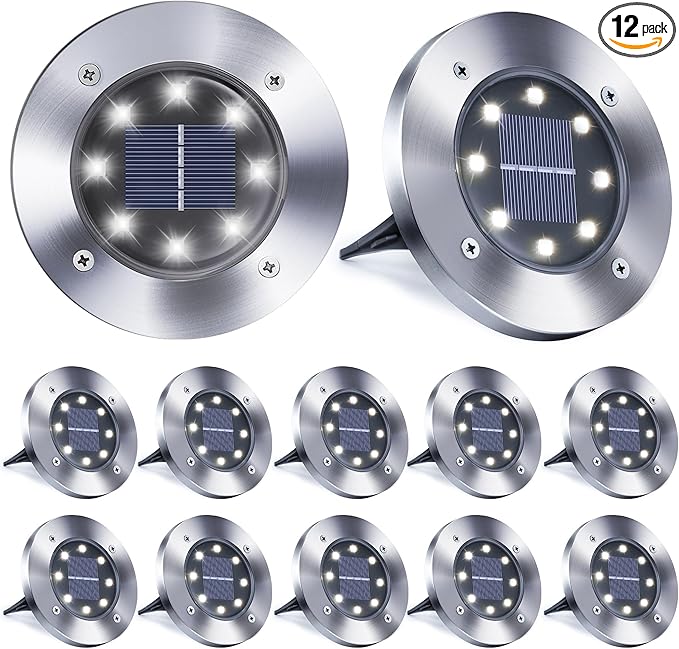 Toodour 12 Pack Solar Ground Lights Outdoor, 8 LED Waterproof Solar in-Ground Disk Lights for Garden Driveway Lawn Pathway Yard Pool Step, White