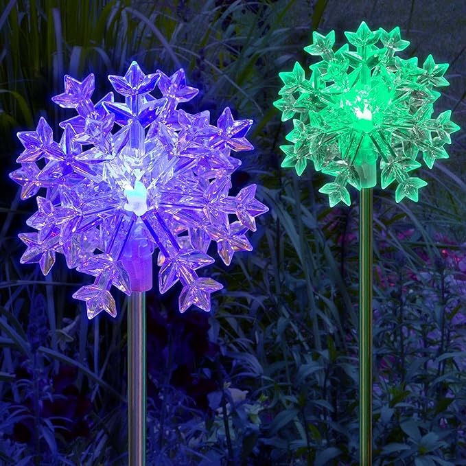 Set of 2 Big Snowflakes 3D Solar Garden Yard Landscape Path Stick LED Lights