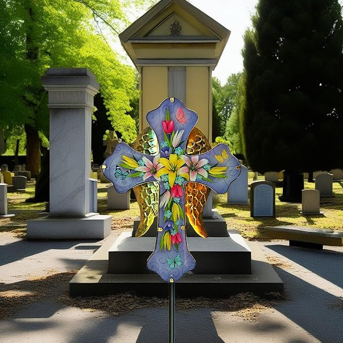 WAIU Solar Cross Garden Stake Lights,Metal Angel Wing & Acrylic Flowers Cross Solar Christmas Lights Outdoor,Waterproof Memorial Garden Decor for Cemetery,Grave,and Remembrance Gifts