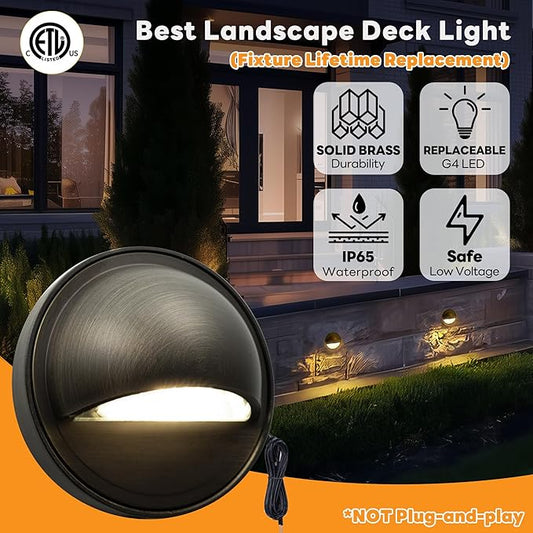 Gardenreet LED Step Lights - 12V Brass Low Voltage Deck Light Outdoor, Landscape Hardwired IP65 Waterproof, Antique Bronze Lighting for Wall Garden Yard Stair Without G4 Bulb 12 Pack