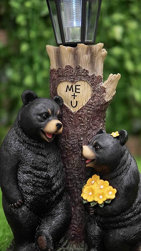 Ebros Love is in The Air Me + U Rustic Forest Black Bear Couple Courtship Dating Outpost Statue with Solar LED Light Lantern Path Lighter As Garden Decorative Sculpture of Bears Valentines Accent