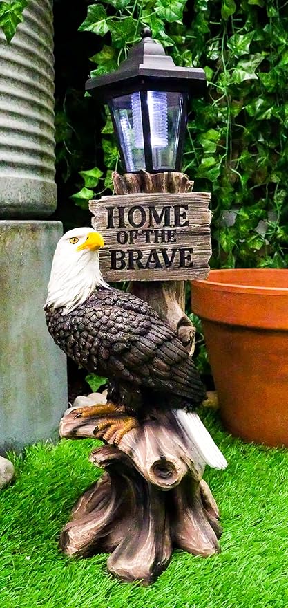 Ebros Home of The Brave Patriotic American Bald Eagle Perching On Tree Stump Garden Courtesy Night Light Statue Solar LED Lantern Lamp Guest Greeter Decor for Patio Poolside Home Figurine