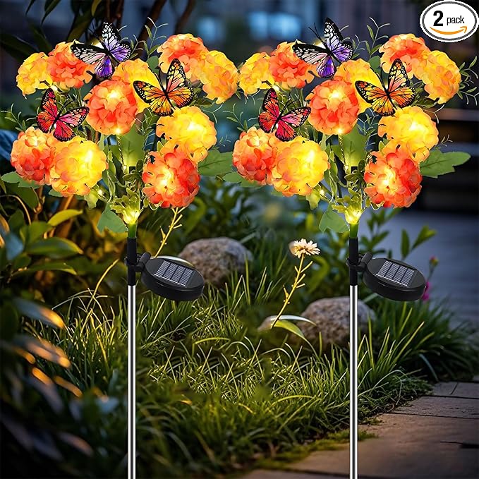 Solar Garden Lights Outdoor, 2 Pack Solar Flower Lights with 12 Hydrangea and 6 Butterflies, Waterproof Solar Lights for Pathway Patio Yard Decoration