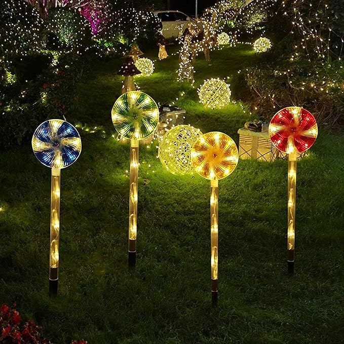 Solar Garden Lights Candy Cane Lights, 4 Cute Christmas Lollipop Pathway Lights with Stakes, Waterproof Outdoor Solar Pathway Lights for Christmas Decoration, Yard, Yard, Lawn (Color : Color)