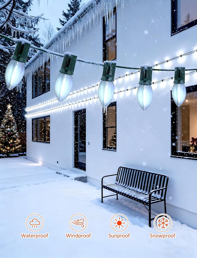 Vintage C9 Christmas Lights Outdoor - 2-Pack (50FT Total,50 LED Bulbs) , Connectable String Lights, Waterproof & UL Certified for Holiday, Porch & Christmas Tree Decorations (Cool White, Green Wire)