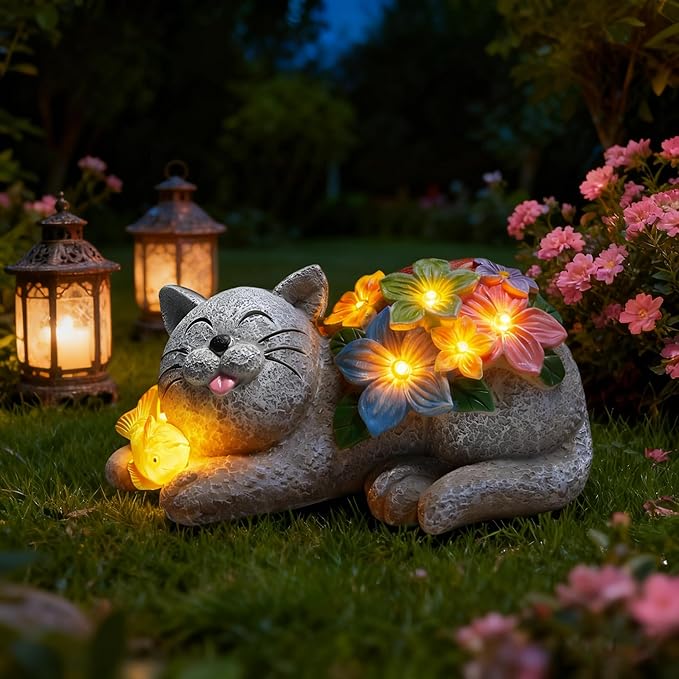 Solar Garden Outdoor Statues Cat Figurine Lights - Yard Decorations for Patio,Balcony,Lawn Ornaments - Unique | Lumora