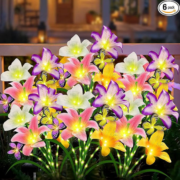 Solar Garden Lights 6 Pack 24 Lily Flowers with Butterfly Decor, Gifts for Mom Woman Birthday Solar Flower Lights | Lumora