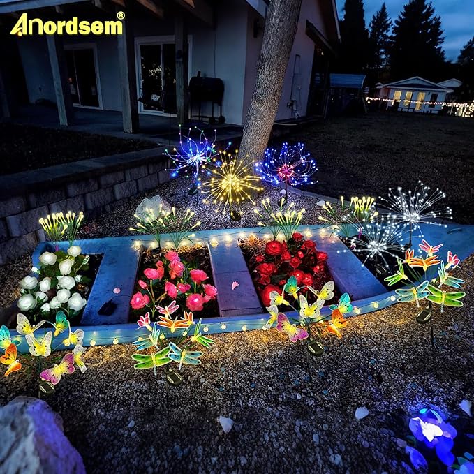 Anordsem Solar Garden Lights Outdoor: 8 Removable Optical Fiber Butterflies 2 Pack - Waterproof Fun Animal | Lumora