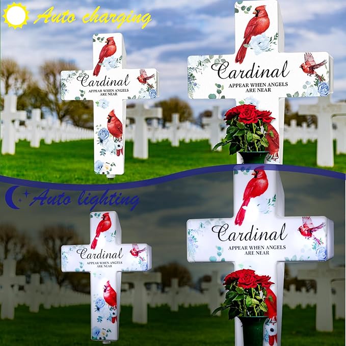 Yousoontic Cardinal Grave Solar Cross Lights Outdoor Memorial Garden Stake Cross Lights for Cemetery Grave Cardinal Garden Decor Solar Stake for Patio Memorial Decoration(Classic Style)