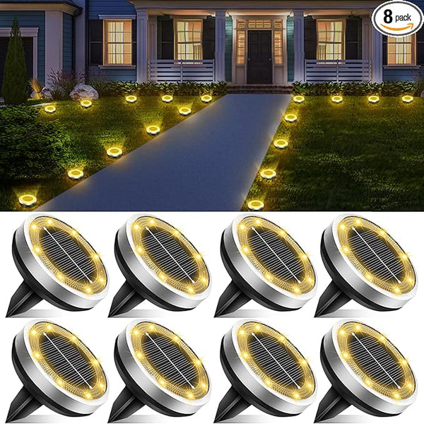 Solar Lights Outdoor Waterproof, 8 Pack 8 LED, Thickened Stainless Steel Ground Light, Solar Garden Lights | Lumora