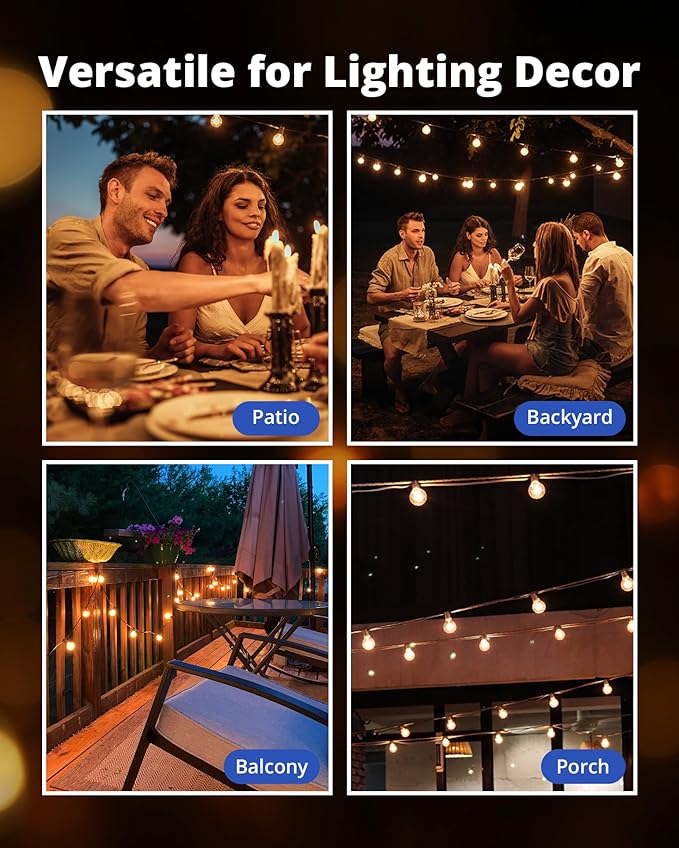 VIPAR Outdoor String Lights, 60FT 32 G40 Bulbs Patio Lights Outdoor Waterproof, Shatterproof Vintage Connectable LED Outside Hanging Light for Backyard, Porch, Garden, Deck, Bistro, 2700K Dimmable