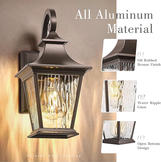 Emliviar 12.2 Inch Wall Light with Water Ripple Glass, 1-Light Outdoor Patio Light for House, Die-cast Aluminum in | Lumora
