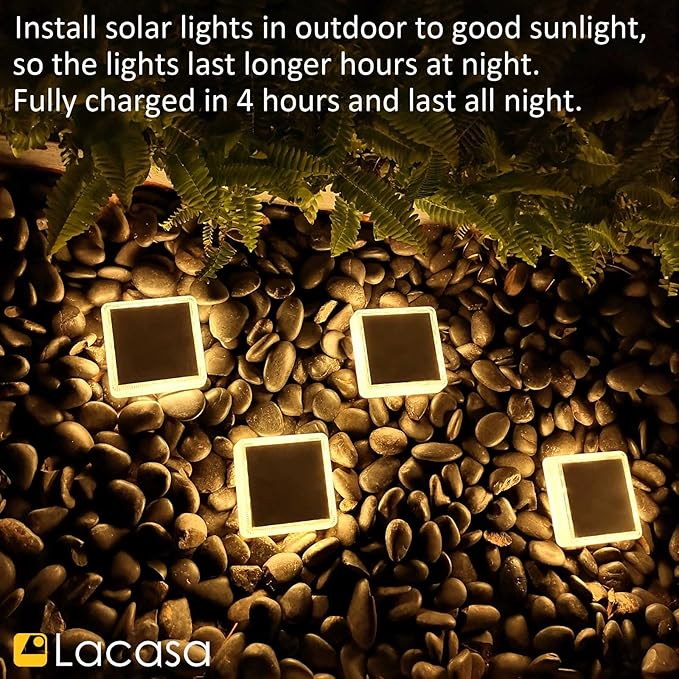 Lacasa Solar Deck Lights, 4 Pack 30LM LED Dock Lights Warm White 2700K, Outdoor Solar Powered Step Lights Light up All Night IP68 Waterproof Auto ON/Off for Garden Stairs Driveway Pathway Lighting
