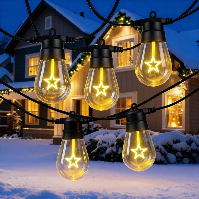 LED Outdoor String Lights, 50FT Patio Lights with 16Pcs Shatterproof S14 Bulb(1 Spare),4 Lighting Mode, Connectable, Waterproof Warm White Edison Plastic Bulb Hanging Light for Gazebo Porch Décor