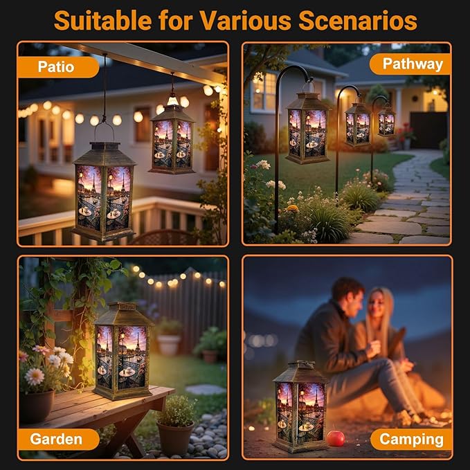 Solar Lantern Outdoor Waterproof Vintage Paris Eiffel Tower French Cityscape Cafe Decor Romantic City Garden Decor LED Solar Lights Hanging/Tabletop Lamp Gifts for Women Mom for Outside Yard Patio
