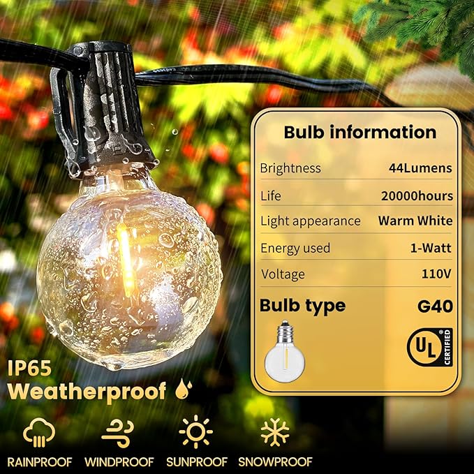 10FT Outdoor String Lights - LED Patio Lights Waterproof G40 Plastic Globe Bulbs, Connectable Shatterproof Hanging | Lumora