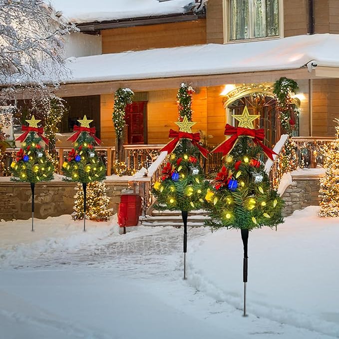 Solar Christmas Tree Pathway Lights Outdoor, Set of 4 Solar Christmas Tree Stake Lights, 80 Outdoor LEDs Xmas Decor, Christmas Decor DIY Xmas Tree Gift (Warm White)