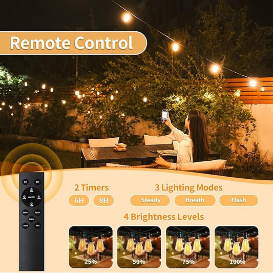 Outdoor String Lights with Remote, 50ft 25 Bulbs Low Voltage(24V) Patio Lights, Dimmable & Timer, IP65 Waterproof, ST38 LED Hanging Lights for Outside, Deck, Garden, Backyard, Porch, Party