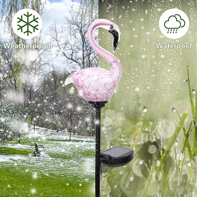 Afirst Solar Outdoor Decorative Lights - Flamingo Handblown Glass Garden Stakes 4" W 2 Pack