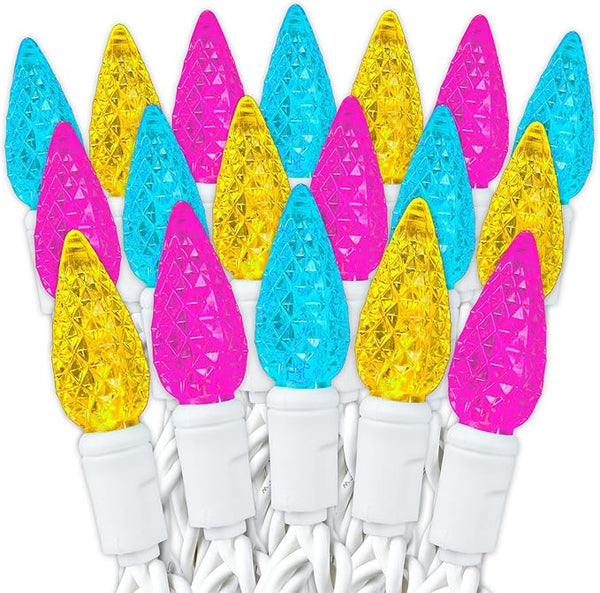 70 Light 24Ft Spring Easter Lights Commercial String Lights C6 LED Strawberry Faceted Bulb – Yellow/Teal/Pink | Lumora