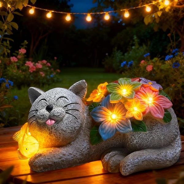 Solar Garden Outdoor Statues Cat Figurine Lights - Yard Decorations for Patio,Balcony,Lawn Ornaments - Unique | Lumora