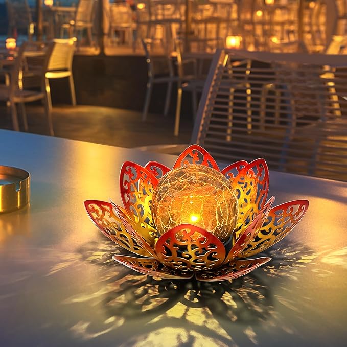 Solar Lights Outdoor Garden 6.3 " Glass Lotus Lamp Waterproof LED Metal Flower Lights Outdoor Garden Table Decor for Outside Balcony, Patio, Deck, Porch, Walkway