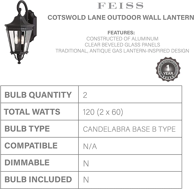 Feiss OL5401BK Cotswold Lane Outdoor Patio Lighting Wall Lantern, Black, 2-Light (9"W x 21"H) 120watts