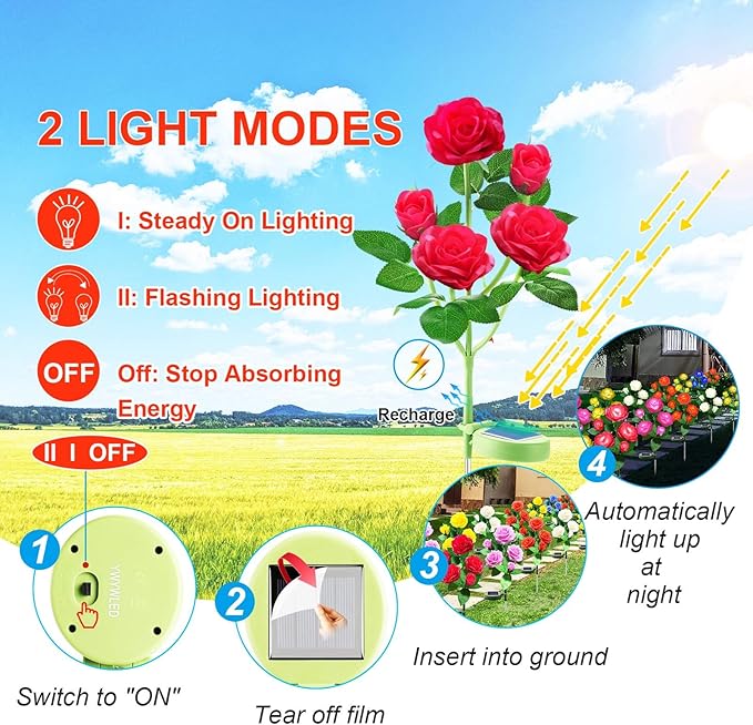 Solar Flower Lights Outdoor - Upgraded New Material Two Modes Realistic LED Solar Powered Waterproof Lights with 5 | Lumora