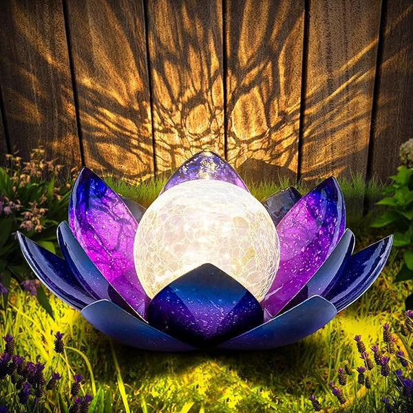 Huaxu Solar Lights for Outdoor Decor, Purple Lotus Flower Light, Waterproof LED Crackle Globe Glass Lamp for | Lumora