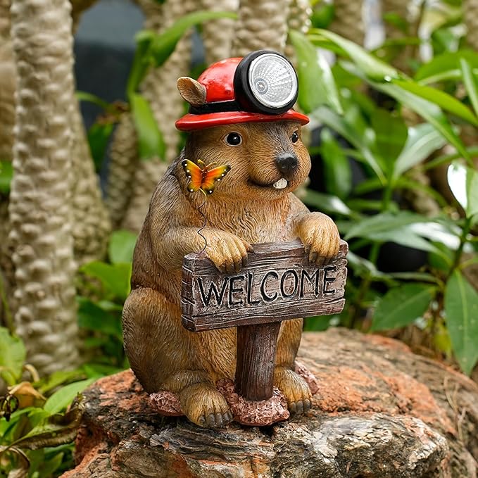Groundhog Welcome Garden Statue with Solar Headlamp โ Funny Animal Outdoor Yard Decor with LED Light and Butterfly โ Waterproof Resin Garden Ornament for Patio, Lawn, Pathway