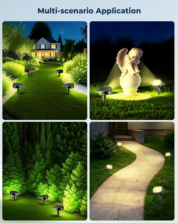 2 Packs Solar Spot Lights Outdoor, 64 LED 3000K Solar Lights Outdoor, IP67 Waterproof, Adjustable Brightness Dusk | Lumora